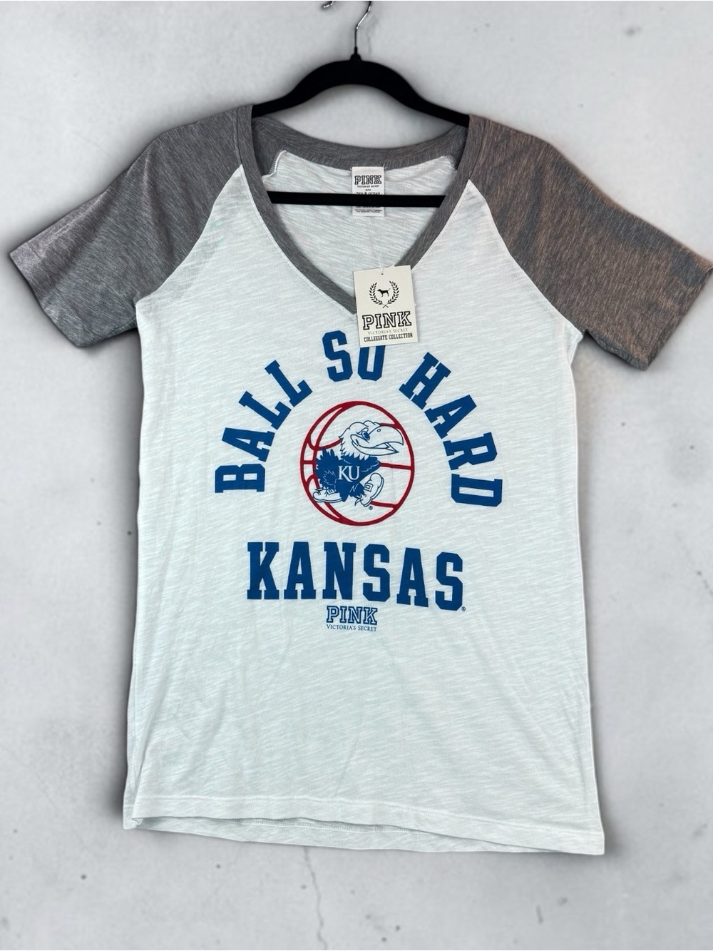 PINK Victoria's Secret White Body Gray Raglan Kansas Graphic Tee